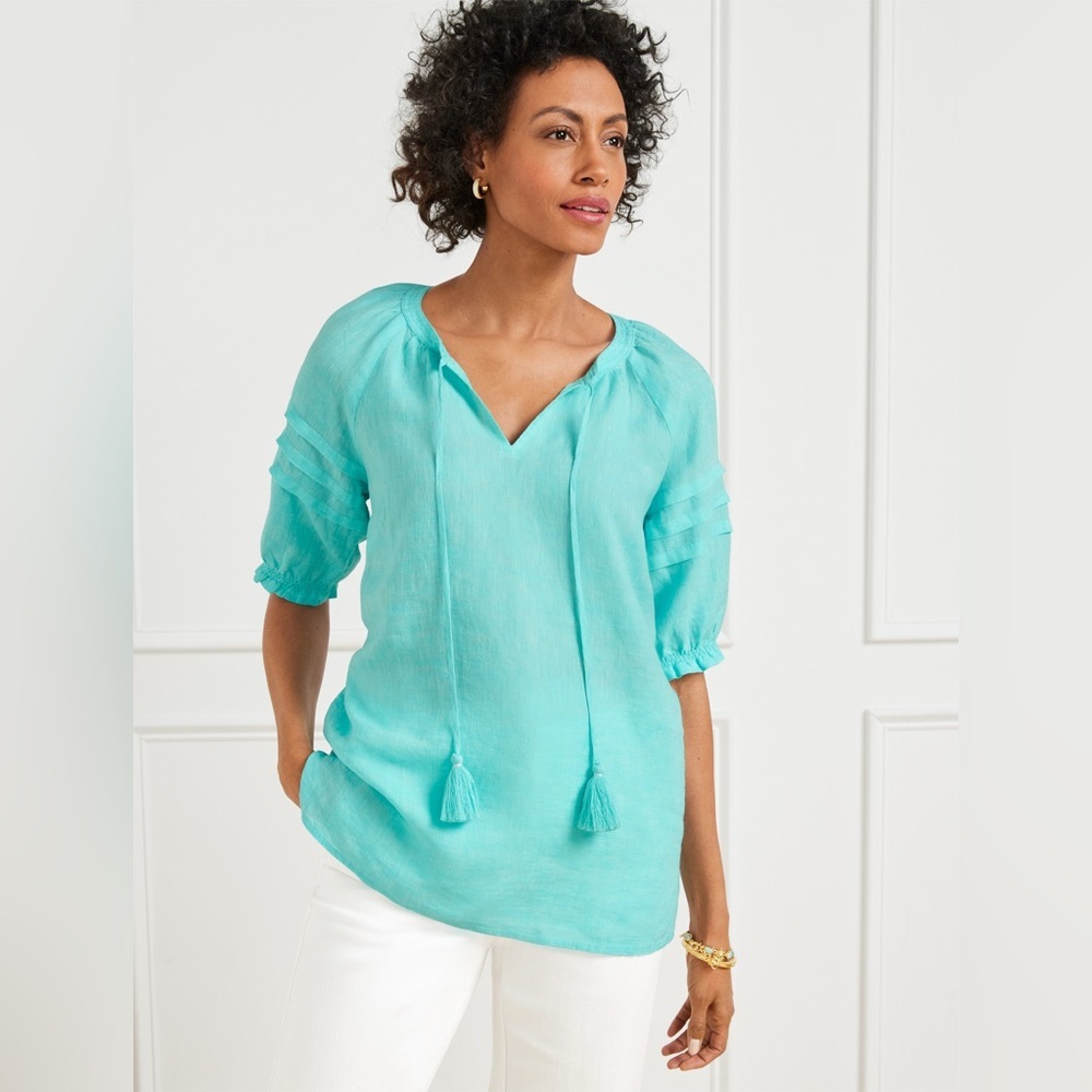 Talbots Aqua Blue Linen Peasant Tunic With Pleated Sleeves Size SP Women’s NWT
